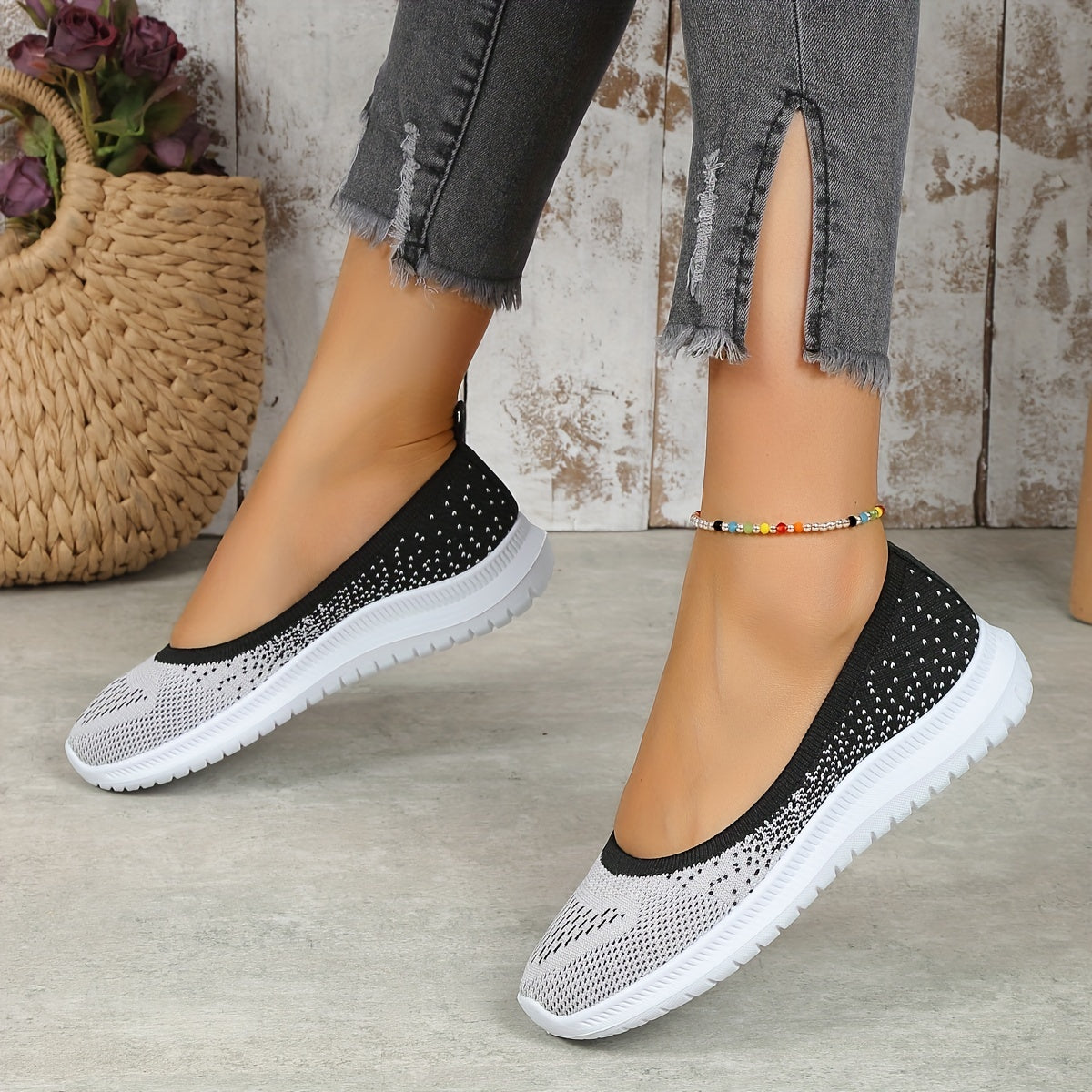 Women's Breathable Knit Slip-On Sneakers Soft Sole Lightweight Walking Shoes