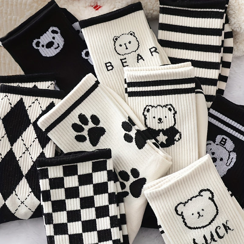 10 Pairs Bear & Plaid Print Socks Mid Tube Women's Stockings