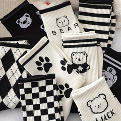 10 Pairs Bear & Plaid Print Socks Mid Tube Women's Stockings
