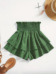 Polka Dot Layered Shorts Ruffle Trim Shirred Waist Shorts
