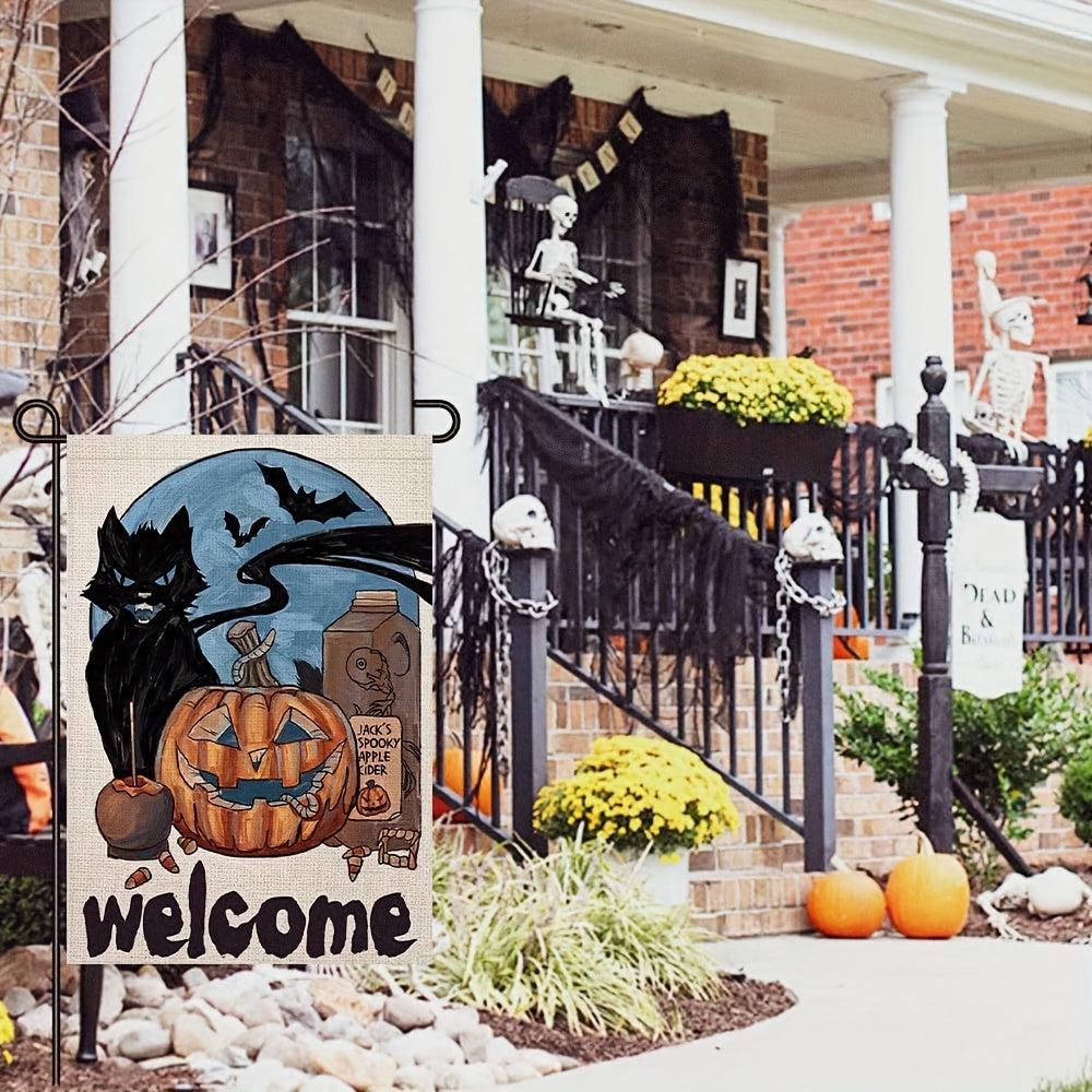 Halloween Garden Flag Burlap Spooky Ghost Pumpkin Cat Bat Moon Sign