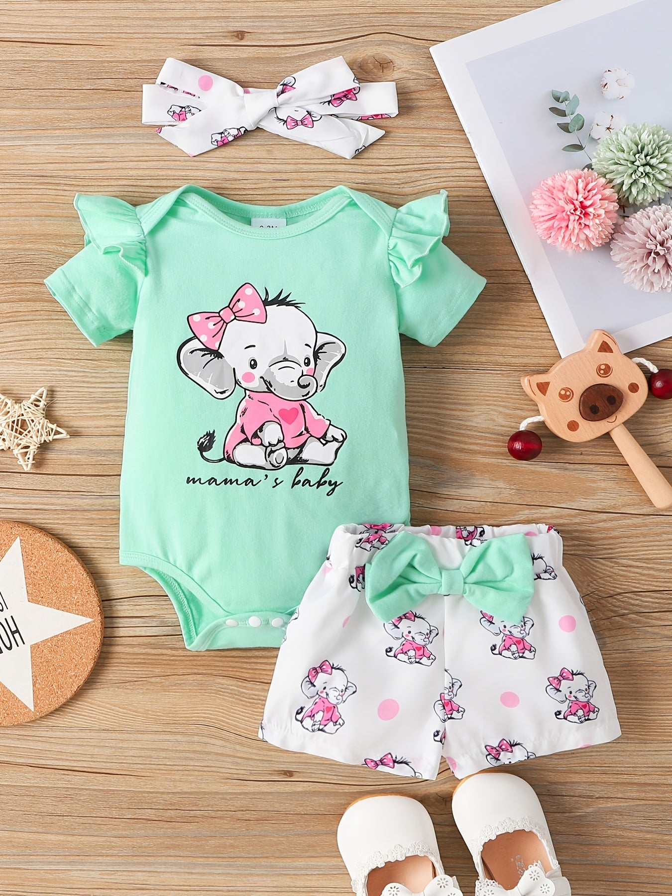 3pcs Baby Girls Elephant Short Sleeve Onesie & Shorts & Headband