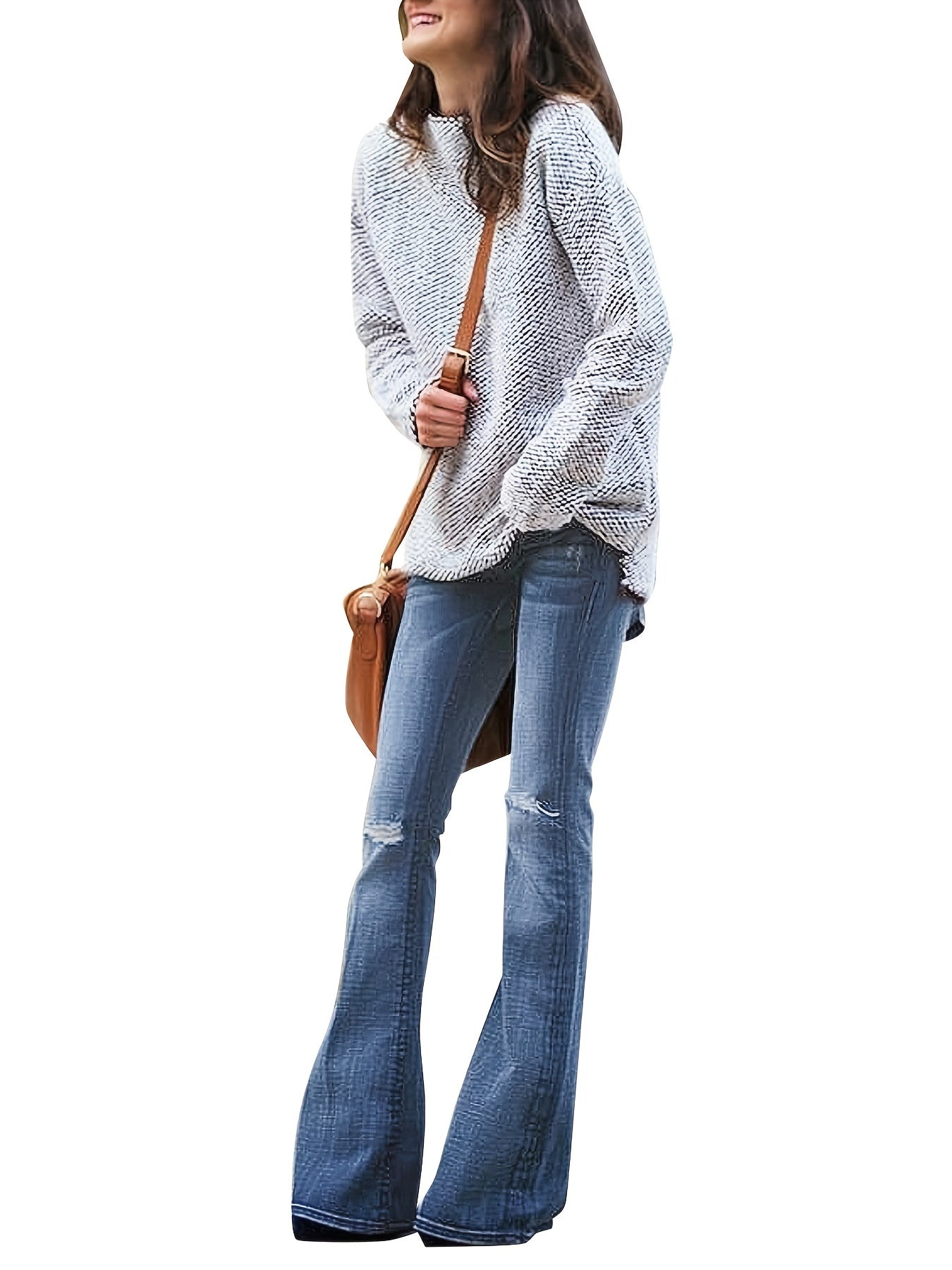 Ripped Holes Flared Jeans Bell Bottom High Waist Wide Legs High Rise Denim Pants