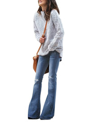 Ripped Holes Flared Jeans Bell Bottom High Waist Wide Legs High Rise Denim Pants