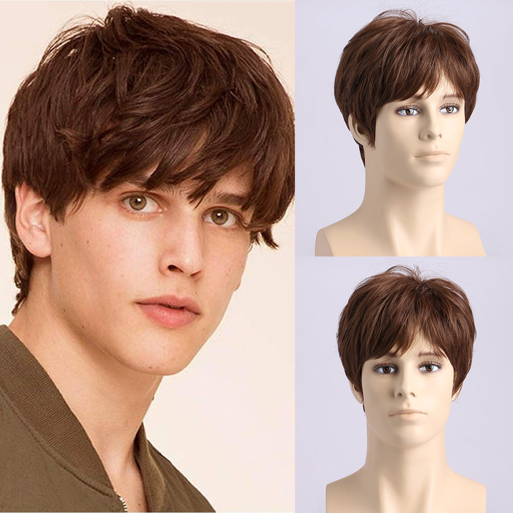 Men's Brown Short Curly Wig Daily Wear Headgear