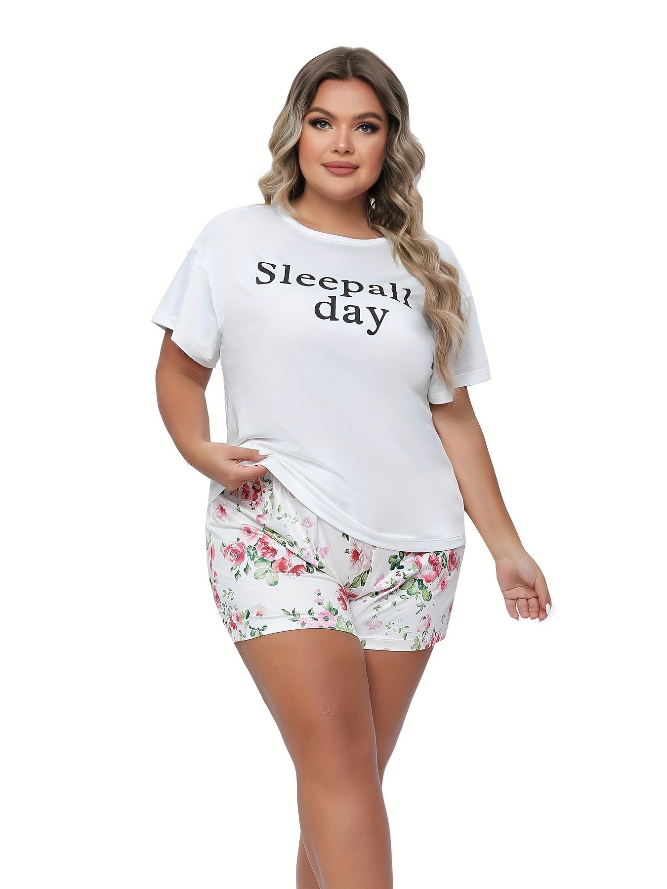 Casual Loungewear Set Women's Plus Tee & Shorts Pajama Set