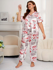 Flamingo & Leaf Print Satin Pajamas Set