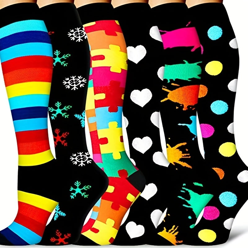 6 Pairs Compression Knee High Sports Socks for Running and Cycling