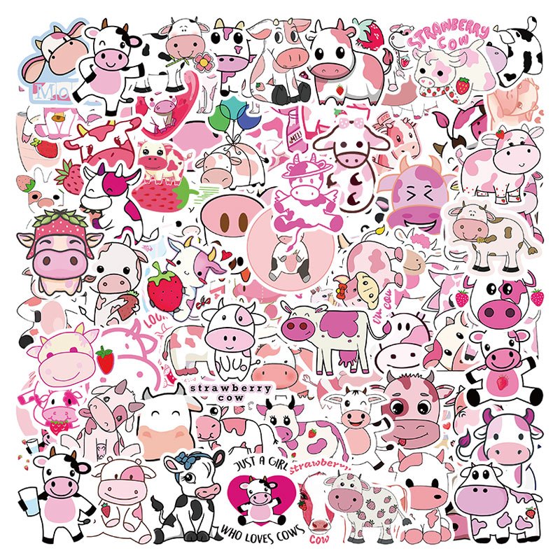 50-100 Pink Cow Stickers Stylistic Cartoon Waterproof Decorative Stickers