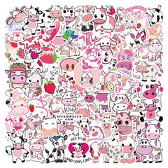 50-100 Pink Cow Stickers Stylistic Cartoon Waterproof Decorative Stickers