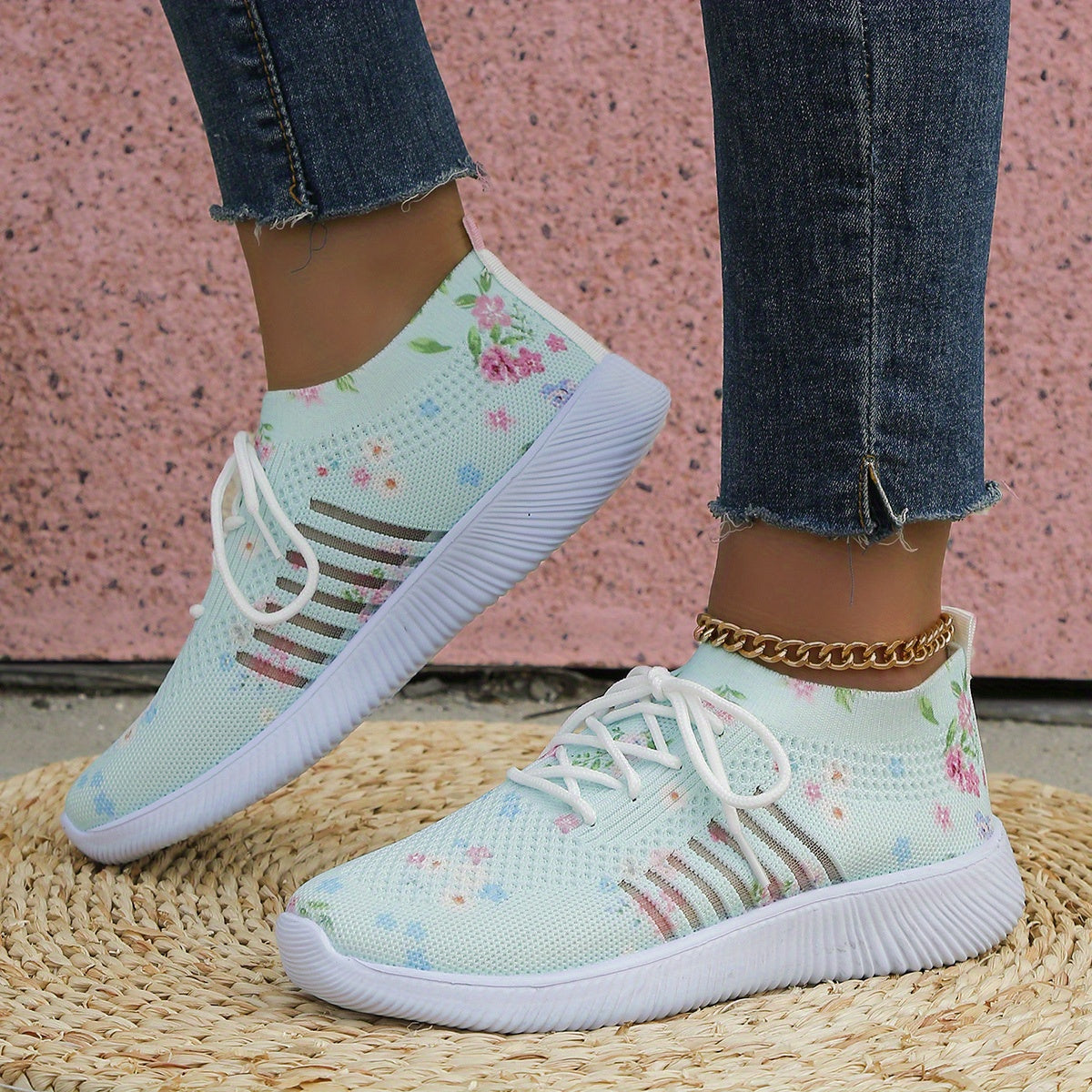 Women's Floral Print Knit Sports Shoes Lace Up Running Trainers