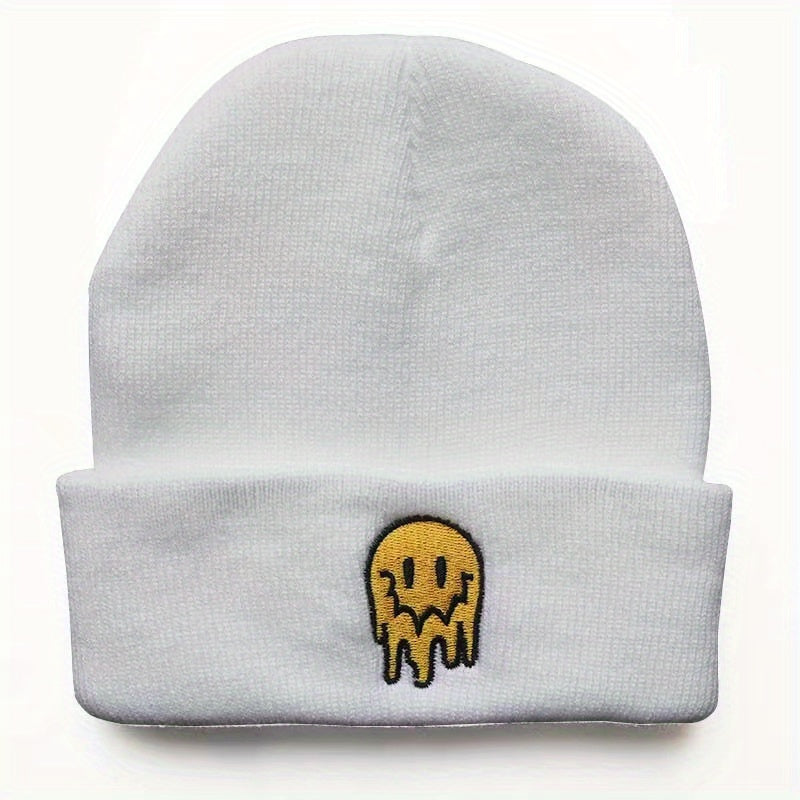 Ear Protection Knit Beanie Hat With Melting Smiley Face Embroidery