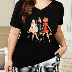 Plus Size Funny Ghost & Skull & Pumpkin Print Short Sleeve V Neck Pajama Top