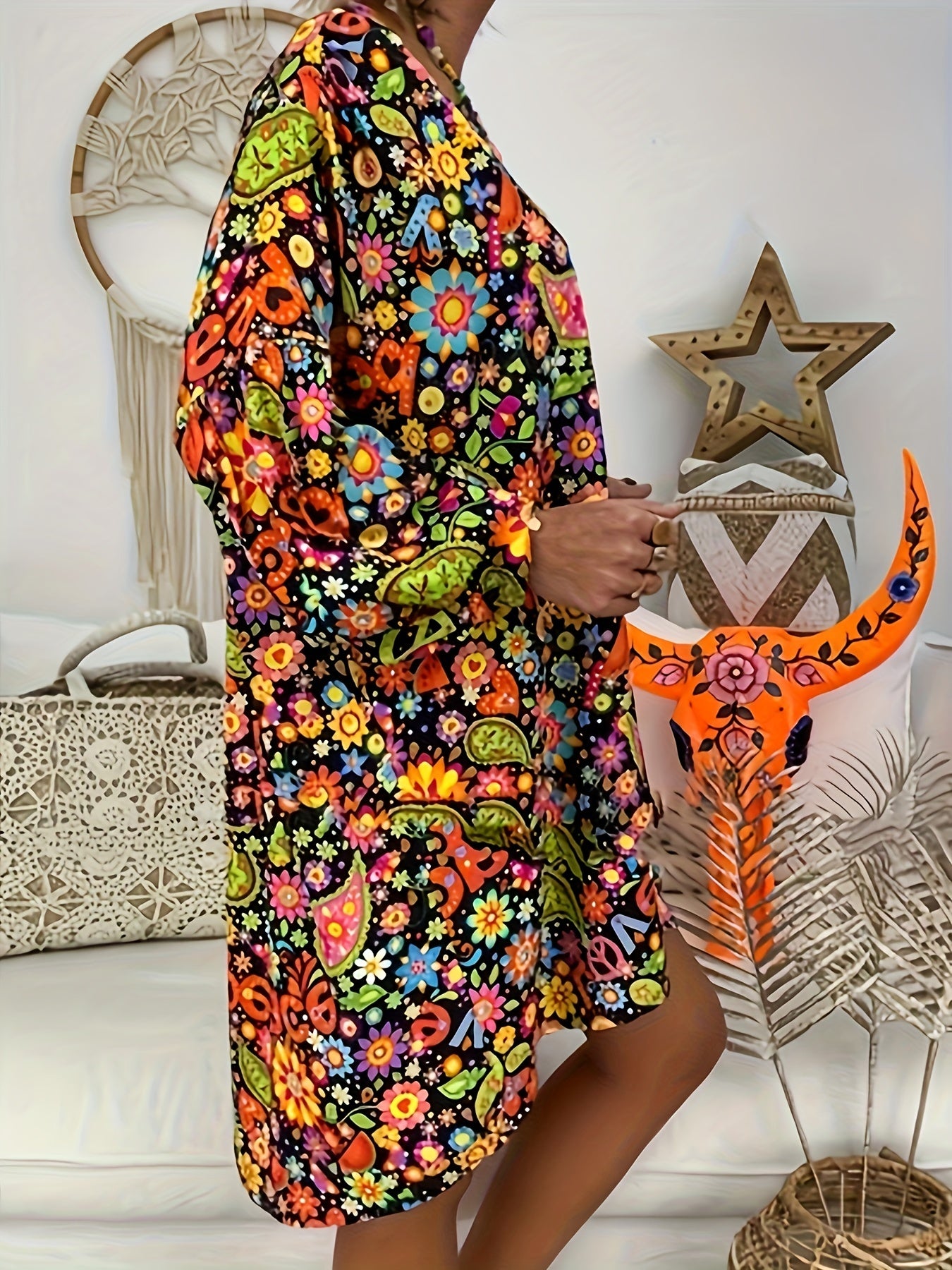 Retro Floral V-Neck Long Sleeve Dress for Women