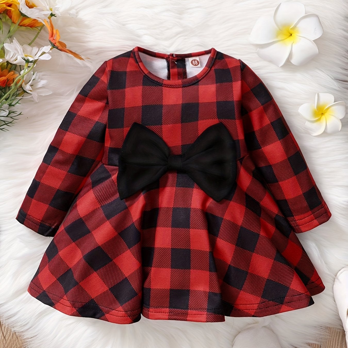 Baby Girls Christmas Plaid Dress Big Bow Long Sleeve Puffy