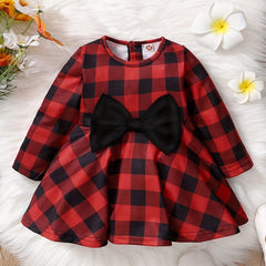 Baby Girls Christmas Plaid Dress Big Bow Long Sleeve Puffy