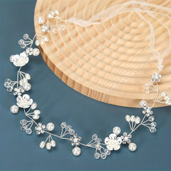 Flower Faux Pearl Crystal Headband Ribbon Wedding Bridal Jewelry