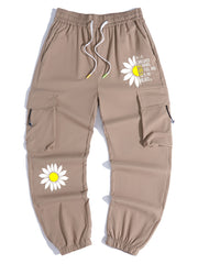 Men s Casual Flowers Print Drawstring Cargo Pants