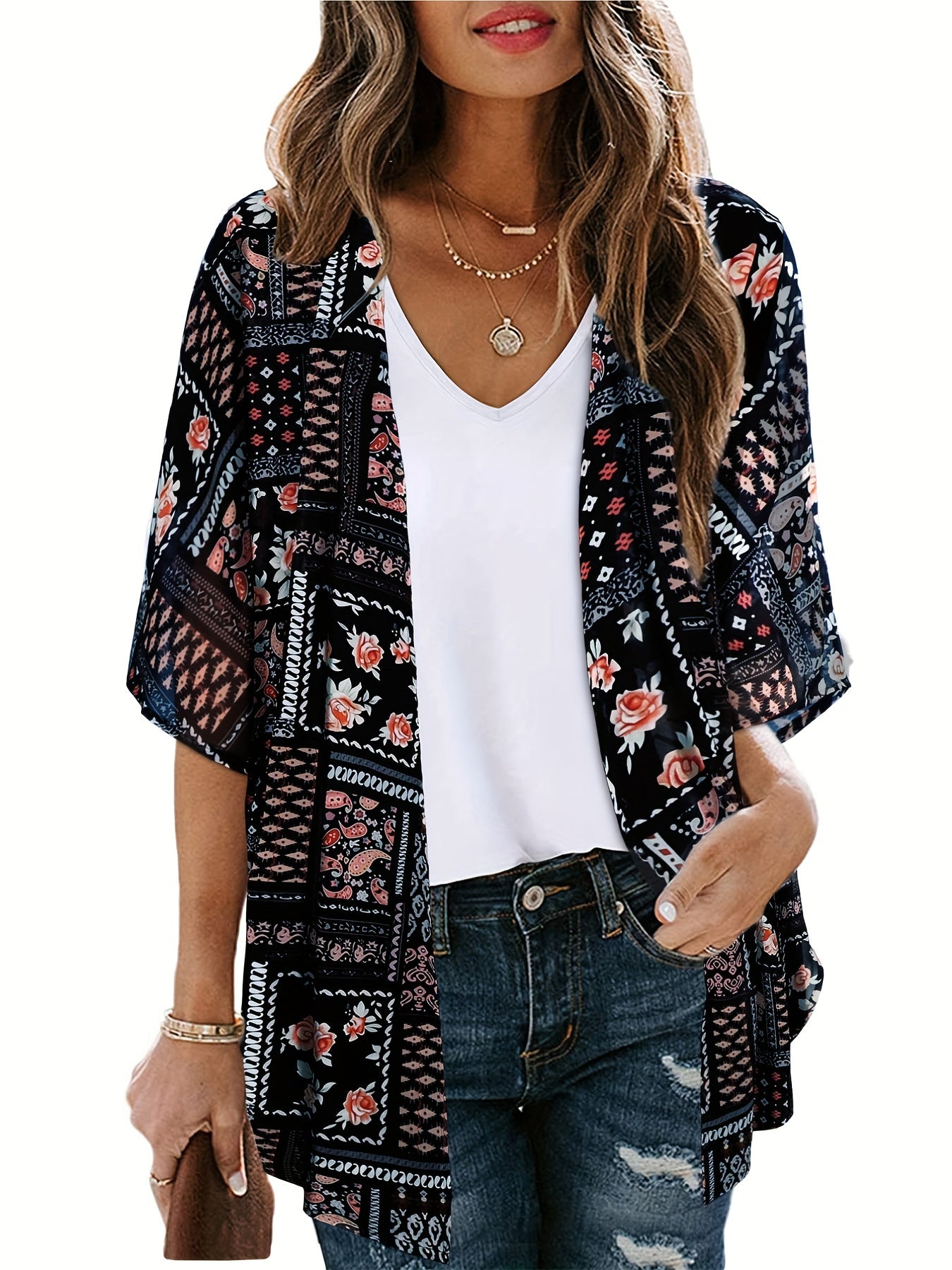 Geometric Print Cover Up Shirt V Neck Half Sleeves Boho Style Beachwear Cardigan