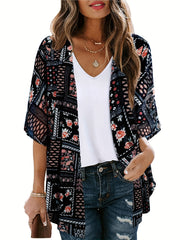 Geometric Print Cover Up Shirt V Neck Half Sleeves Boho Style Beachwear Cardigan