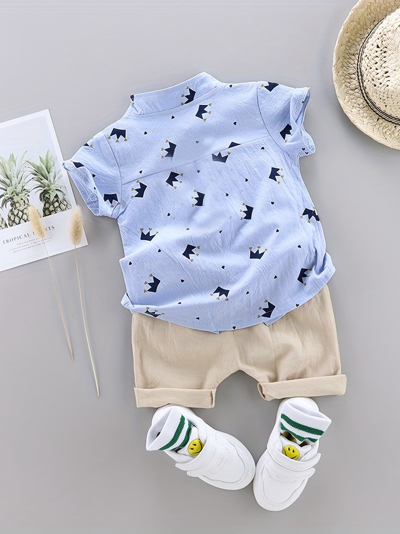 Boys Gentleman Crown Print Shirt&Shorts Set, Summer Kids Clothing