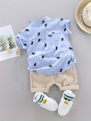 Boys Gentleman Crown Print Shirt&Shorts Set, Summer Kids Clothing