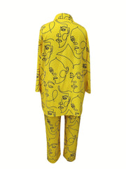 Women's Plus Abstract Face Print Long Sleeve Button Up Shirt & Pants Set