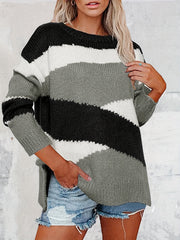 Casual Colorblock Plus Size Sweater Round Neck Jumper