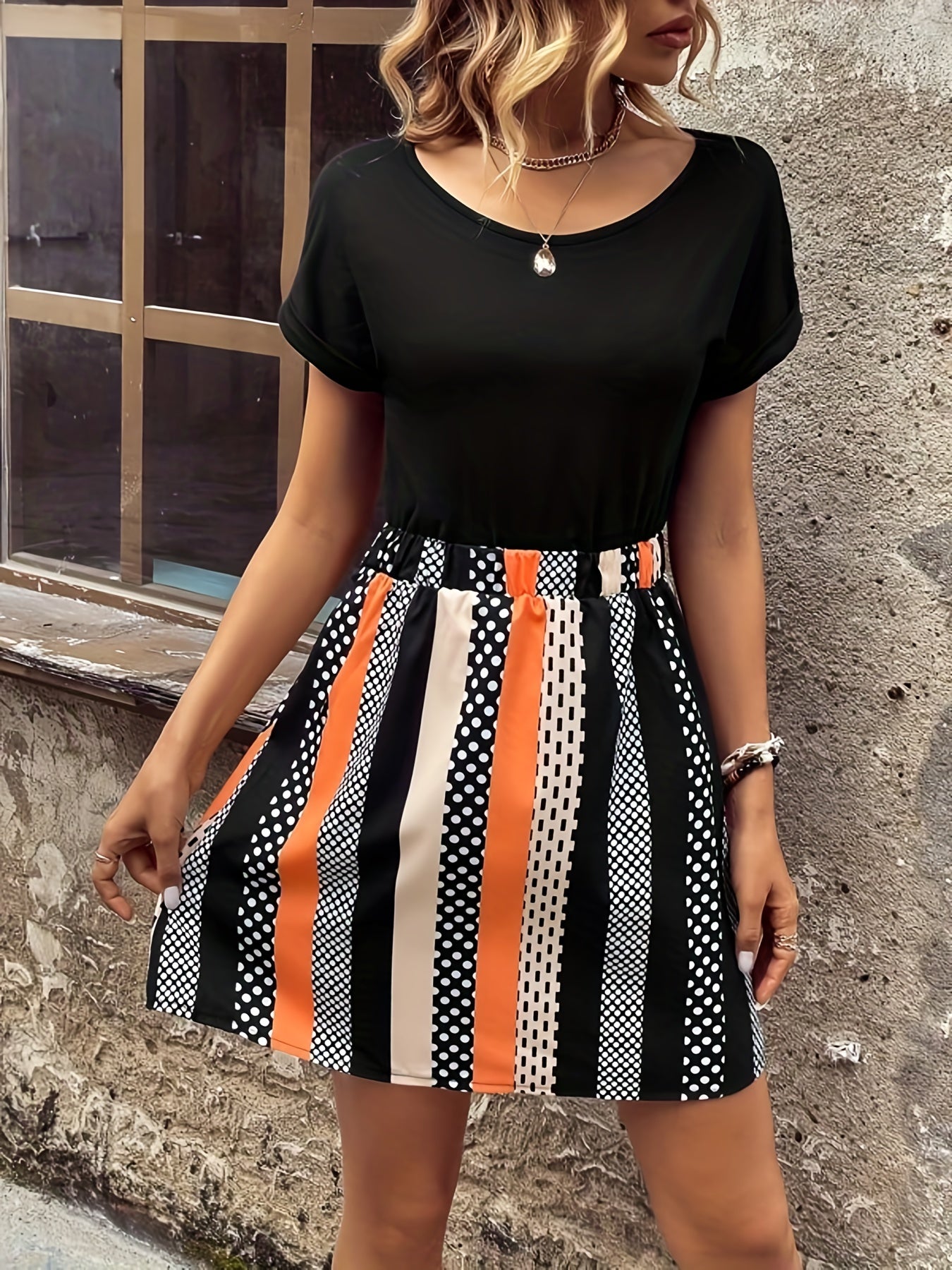 Stripe & Polka Dot Splicing Dress Crew Neck Short Sleeve Women Casual Dress