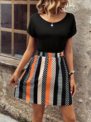 Stripe & Polka Dot Splicing Dress Crew Neck Short Sleeve Women Casual Dress