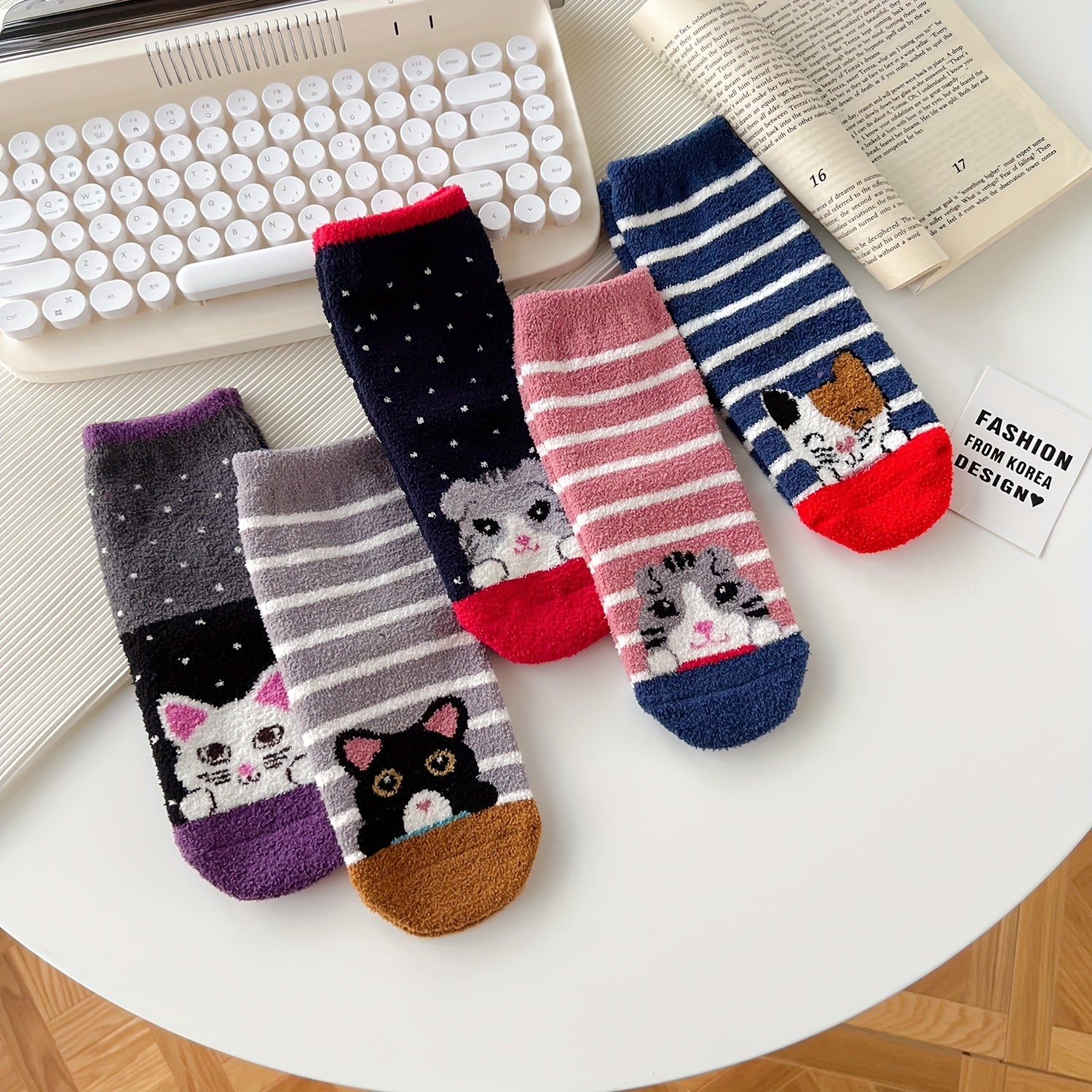 5 Pairs Cartoon Cat Print Socks Women's Stockings