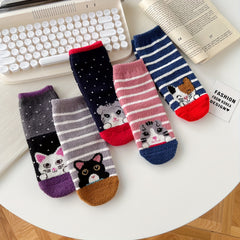 5 Pairs Cartoon Cat Print Socks Women's Stockings