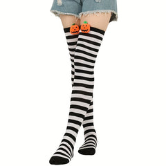 Striped Thigh High Socks Halloween Pumpkin Decor Over The Knee Socks