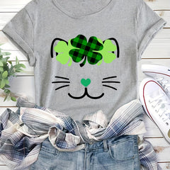 St Patrick's Leaf And Cat Graphic Causal Sports T-shirt Round Neck