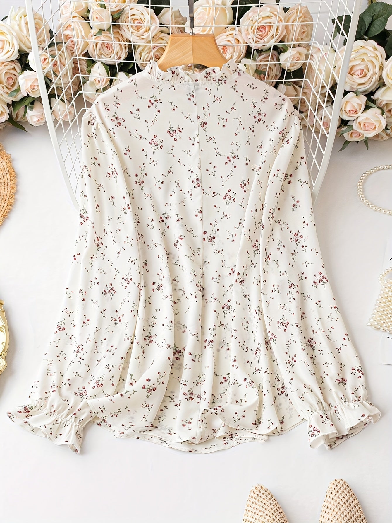 Boho Blouse Floral Ruffle Trim Tie Front Mock Neck Top