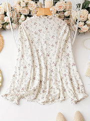 Boho Blouse Floral Ruffle Trim Tie Front Mock Neck Top
