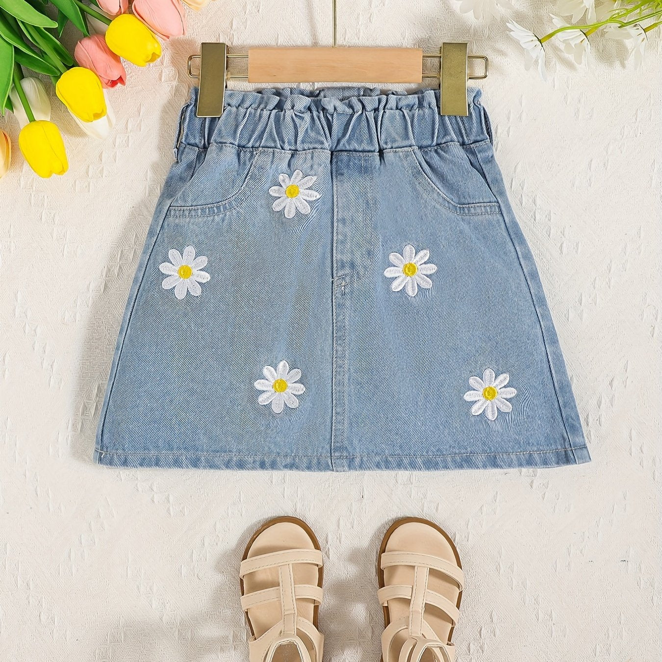 Girls Daisy Pattern Elastic Waist Denim Skirt