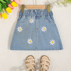 Girls Daisy Pattern Elastic Waist Denim Skirt