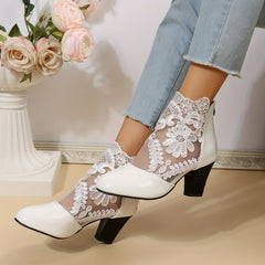 Floral Lace Ankle Boots Pointed Toe Chunky Heeled Versatile High Heeled Boots