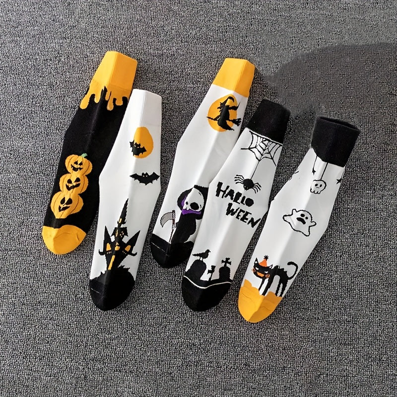 5 Pairs Skull & Bat Print Halloween Crew Socks Women's Stockings