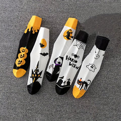 5 Pairs Skull & Bat Print Halloween Crew Socks Women's Stockings