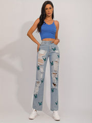 Y2K Butterfly Print Ripped Straight Jeans Vintage Distressed Denim Pants