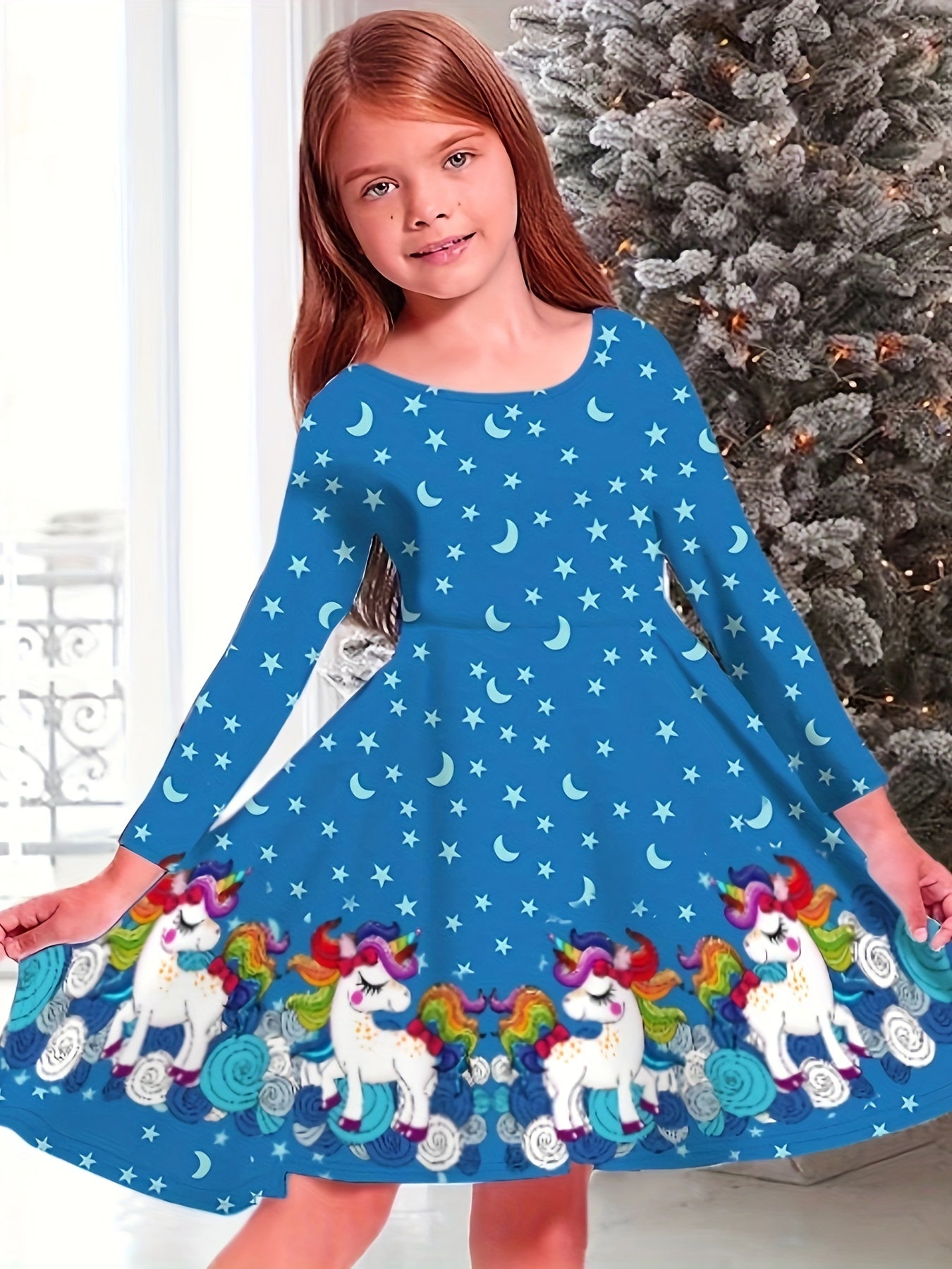 Snowflake Graphic Long Sleeve Dress Girls Christmas Party
