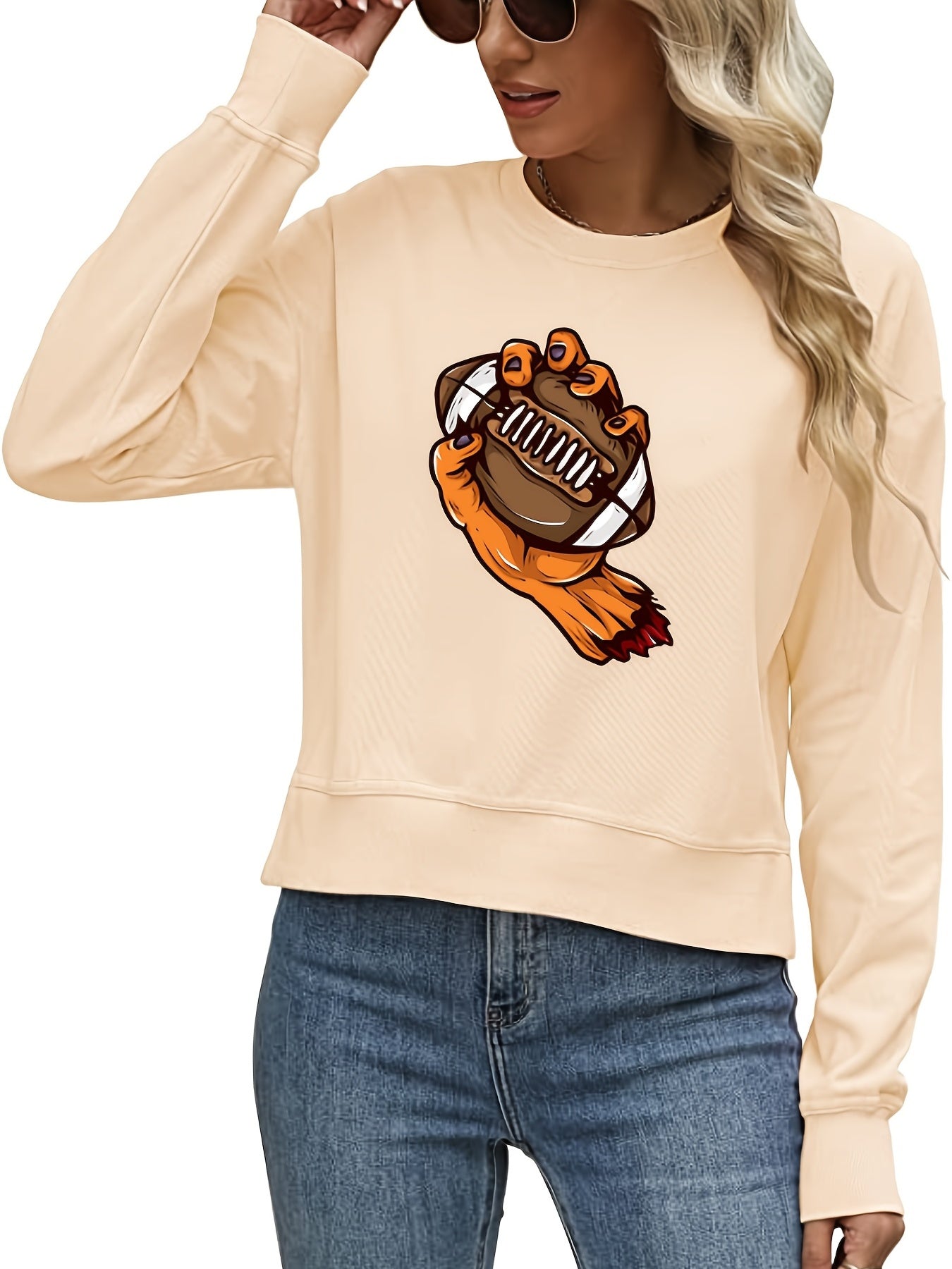 Rugby In Hand Print Round Neck Sweater American Football Loose Long Sleeve Pullo
