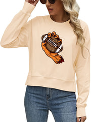 Rugby In Hand Print Round Neck Sweater American Football Loose Long Sleeve Pullo