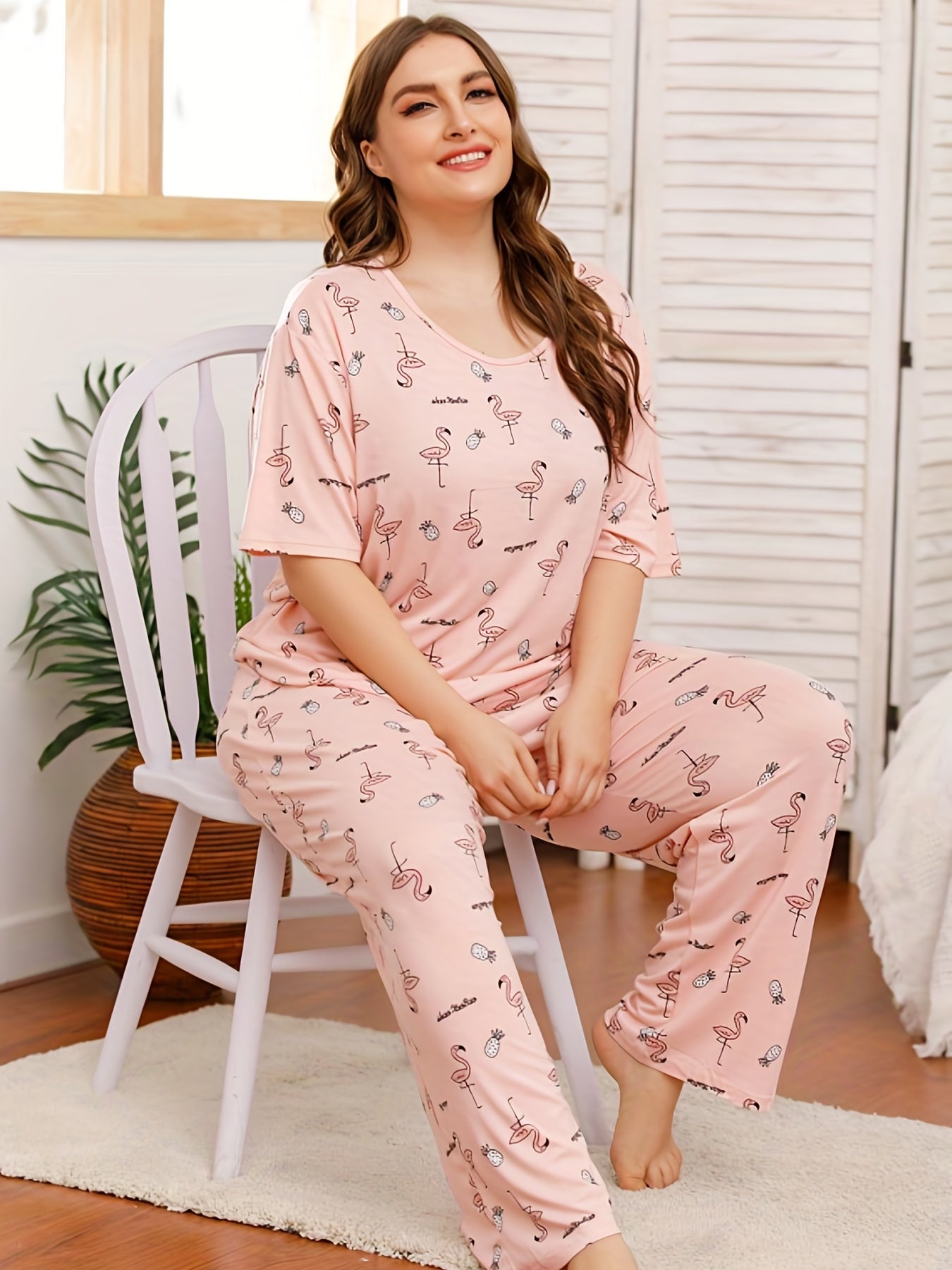 Flamingo Print Pajama Set Short Sleeve Top & Pants Two Piece Set