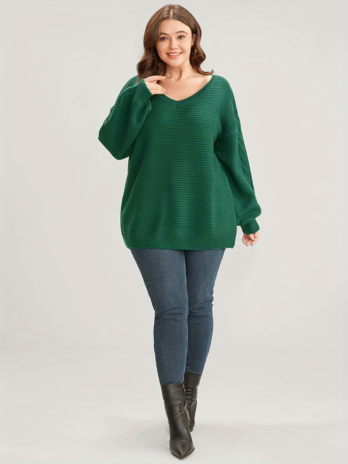 Plus Size Casual Sweater Women's Plus Solid Cable Lantern Sleeve V Neck Jumper