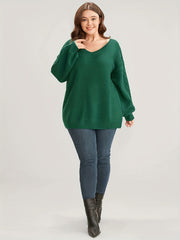 Plus Size Casual Sweater Women's Plus Solid Cable Lantern Sleeve V Neck Jumper