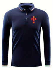 Cross Pattern Men's Casual Comfy Long Sleeve Polo Shirt