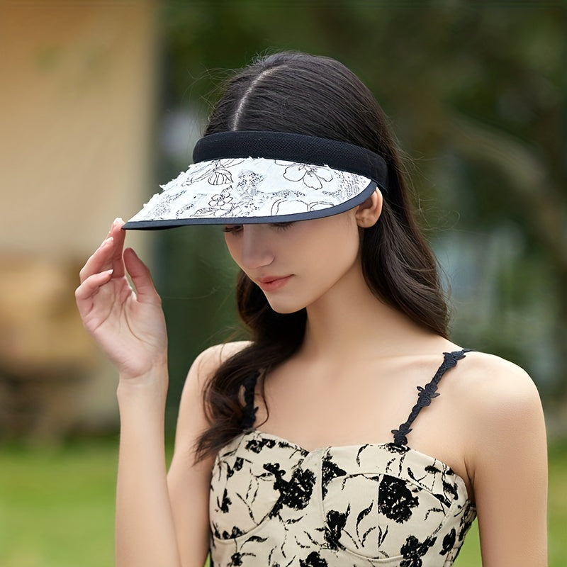Lace Flower Sequin Visor Hat Wide Brim French Embroidery Sun Hat